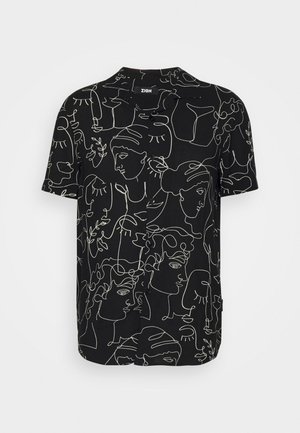 Chemise noire à manches courtes avec un motif de visages abstraits en ligne continue blanche et de formes botaniques.