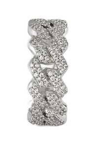 Silver ring med flätad design och flera rader av glittrande stenar, som visar en slät yta och intrikata detaljer.