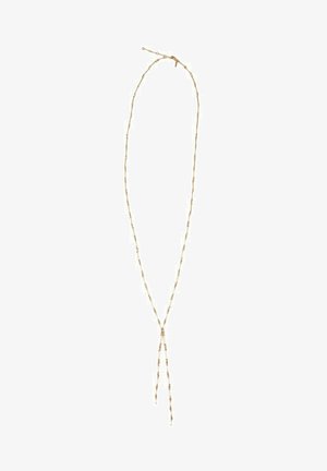 Collier délicat en chaîne d'or avec de petits détails en perles, présentant une chute en forme de Y avec deux brins suspendus.