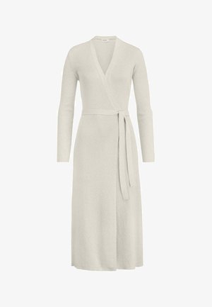 Long-sleeve, wrap-style dress in light gray ribbed knit. Features a v-neck and a tied waist belt, falling to mid-calf length.