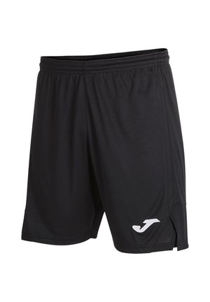 Zwarte sportshorts met elastische tailleband en klein wit logo op het onderste rechterbeen, ontworpen voor atletisch gebruik.