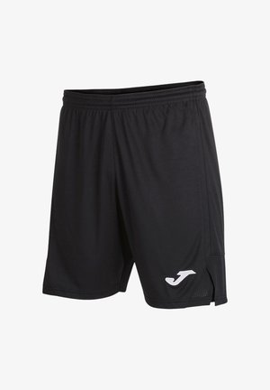 Zwarte sportshorts met elastische tailleband en klein wit logo op het onderste rechterbeen, ontworpen voor atletisch gebruik.