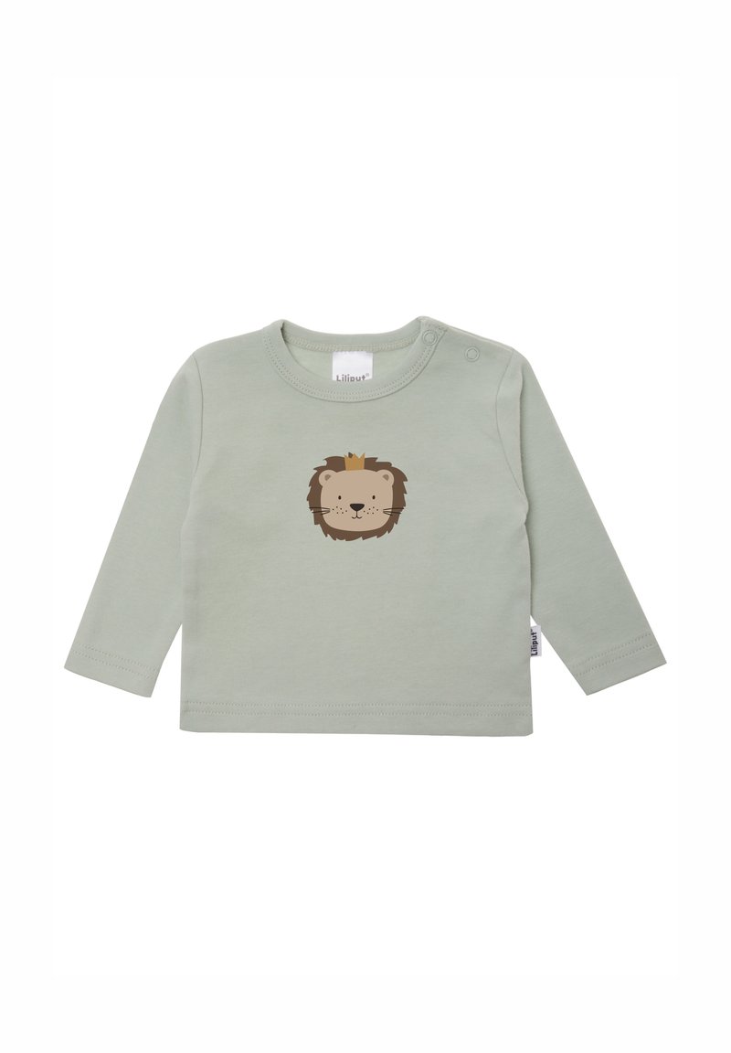 Langärmliges grünes Baumwollhemd mit einem Druck eines Löwenkopfes in Braun, versehen mit einer Krone. Druckknopfverschluss an der Schulter für ein einfaches Ankleiden.