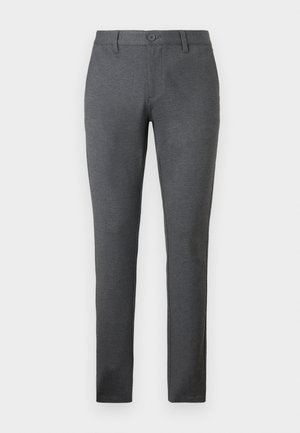 Gray trousers with a textured fabric, slim fit, flat front, and a button closure. Designed with two side pockets and subtle stitching details.