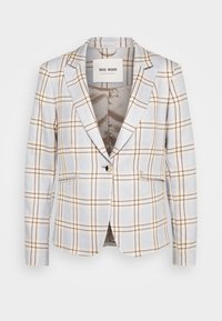 Blazer bleu clair avec motif à carreaux beige et marron, fermeture par un bouton, revers à encoche, et deux poches avant passepoilées.