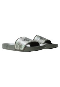 Infradito con una toma grigia e verde a fantasia, un logo, una suola spessa e un design open-toe per una facile vestibilità.