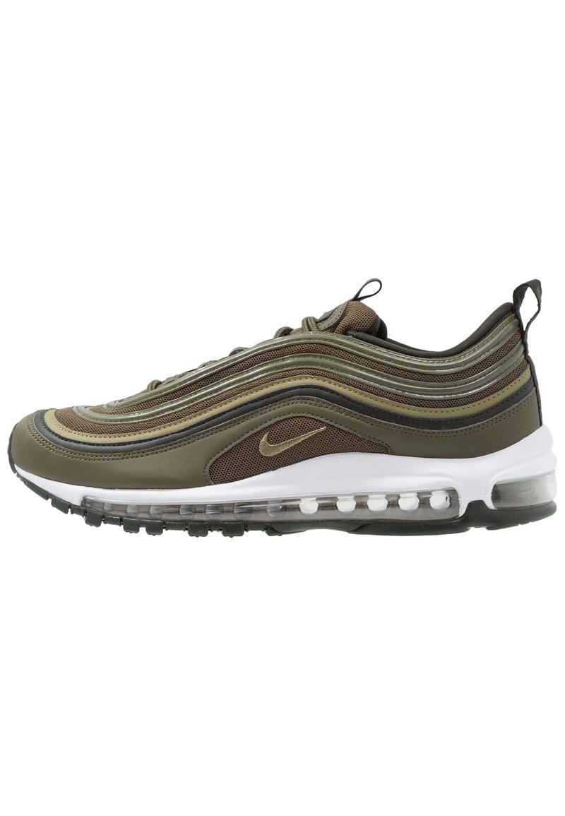 Sneakers Air Max 97 v olivově zelené a hnědé, se vlnitým, vrstveným designem. Obsahují viditelné vzduchové odpružení, bílou mezipodešev a zlaté akcenty.