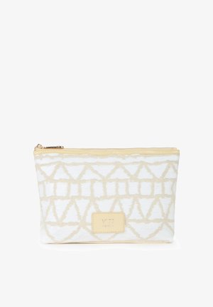 Trousse rectangulaire beige et blanche avec motif géométrique, fermeture éclair et petite pièce en cuir labellisée V73 Venezia à l'avant.
