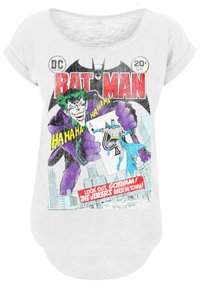 Hvit t-skjorte med trykt tegneseriestil design med Batman og Joker, sterke farger og fet tekst. Glatt stoff, rund halslinning.