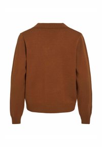 Cárdigan de punto marrón con cuello tipo camisa, puños y dobladillo acanalados, que presenta una textura suave y un ajuste relajado, mostrado desde la parte trasera.