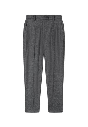 Pantaloni grigi su misura con un tessuto texturizzato, caratterizzati da pieghe sulla parte frontale, una chiusura con bottone e un design a gamba dritta.