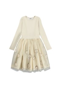 Dolga obleka s kremnim rebrastim zgornjim delom in tilastim krilom, ki ima vvezene nasmejane obraze v kremni barvi. Zbrane kote in prozoren videz.