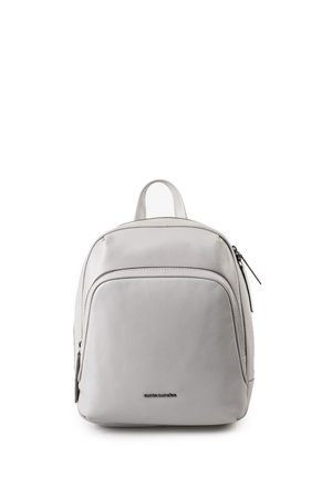 Compact light gray leather backpack with a front zippered pocket, top handle, and logo detail on the lower front panel.