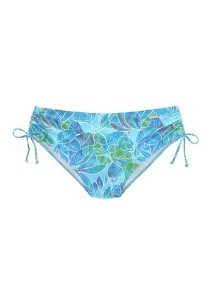 Bikiniunterteil mit einem blauen Hintergrund und einem Muster aus grünen und blauen Blättern. Verstellbare seitliche Bindebänder für Passform und Komfort. Glatte Textur.