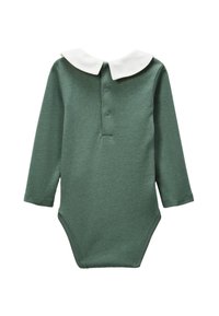 Body à manches longues en coton vert foncé avec un col Claudine blanc et une patte de boutonnage à trois boutons au niveau du cou. Texture douce, fermeture pressionnée en bas.
