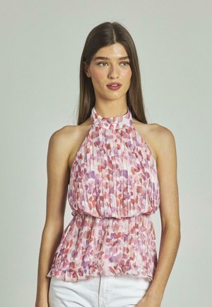 Faltendes Halterneck-Top in Rosa mit Mustern in Lila und Rot. Weicher, leichter Stoff mit einem gefältelten Saum und tailliertem Detail.