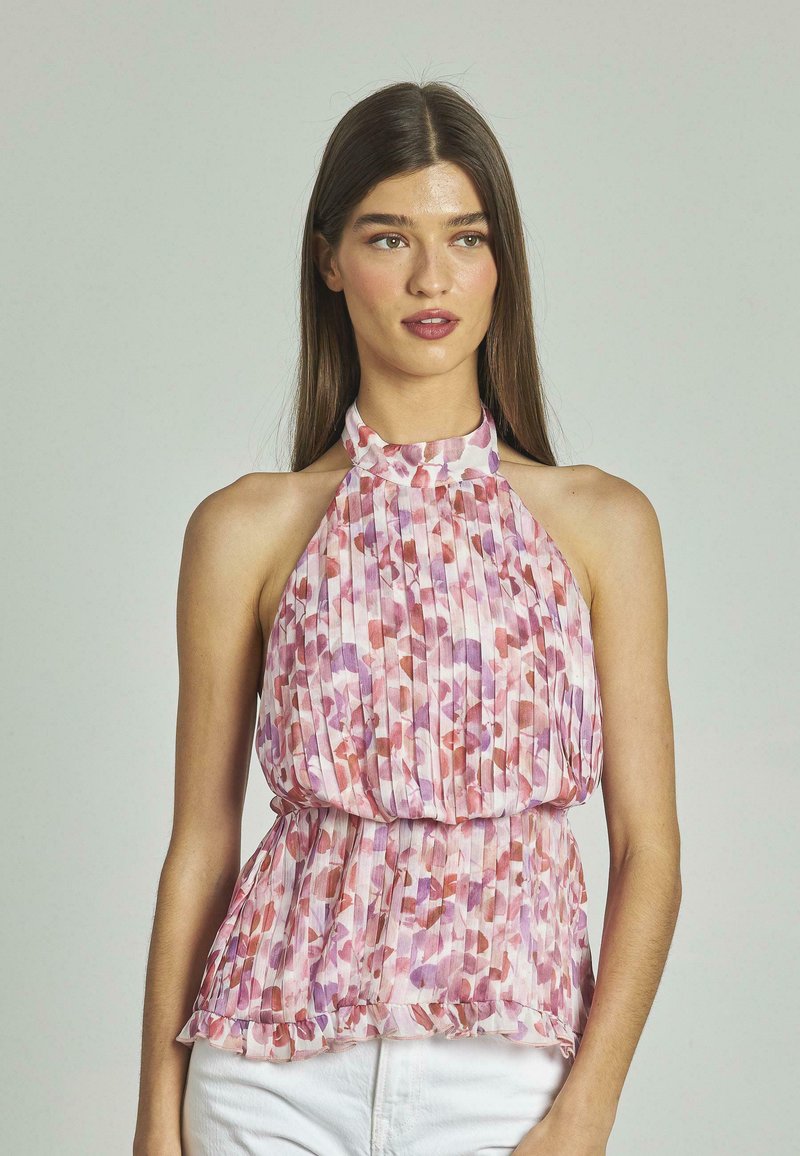 Faltendes Halterneck-Top in Rosa mit Mustern in Lila und Rot. Weicher, leichter Stoff mit einem gefältelten Saum und tailliertem Detail.