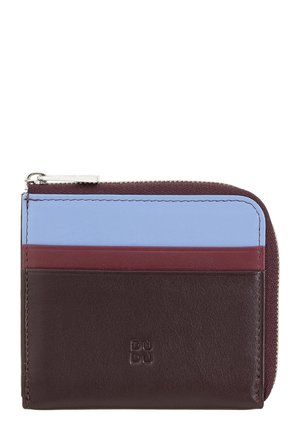 Leather wallet with blue and maroon horizontal stripes, dark brown bottom, zip closure, and embossed brand logo on the front.