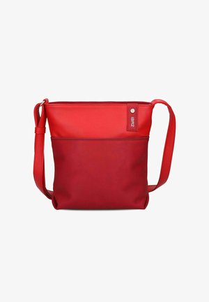 Borsa a tracolla bicolore rossa con tracolla regolabile, chiusura con cerniera e piccolo logo vicino al bordo superiore.