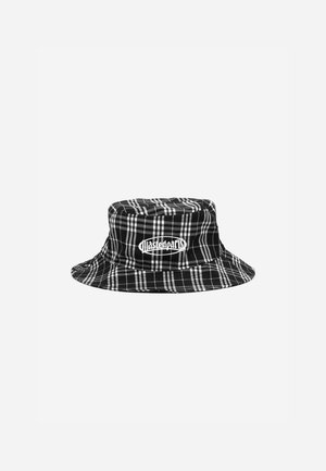 Sorte og hvide ternet bucket hat lavet af stof, med en bred skygge og et broderet logo foran. Flad krone og blød tekstur.