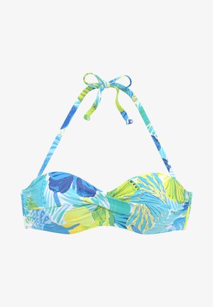 Bikini-Oberteil mit floralem Muster in Blau und Grün. Verfügt über ein verdrehtes Design an der Vorderseite und verstellbare Träger. Hergestellt aus glattem, dehnbarem Material.