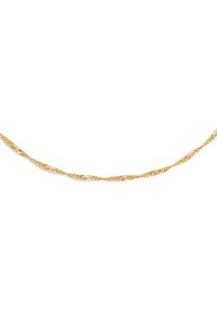 Gouden gedraaide ketting met een delicate, gestructureerde oppervlakte en een gladde afwerking. Heeft eenlichte glans, geschikt voor verschillende gelegenheden.