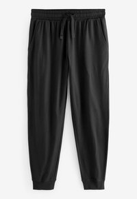 Pantaloni de jogging negri din material moale, cu un elastic în talie și șnur de ajustare, buzunare laterale și picioare conice.