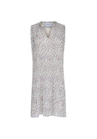 Bloemige mouwloze jurk met een V-hals, gemaakt van een lichte stof in crème met veelkleurige bloemenpatronen en een uitlopende silhouette.