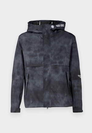 Water-resistant black-gray jacket with a hood, featuring a subtle tie-dye pattern, front zip, and side pockets. Accented with brand logo.