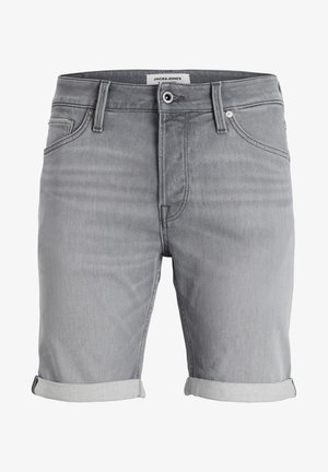 Shorts de denim gris con dobladillos doblados, que presentan un diseño clásico de cinco bolsillos y un ligero desgaste. Etiqueta de la marca visible en la cintura.