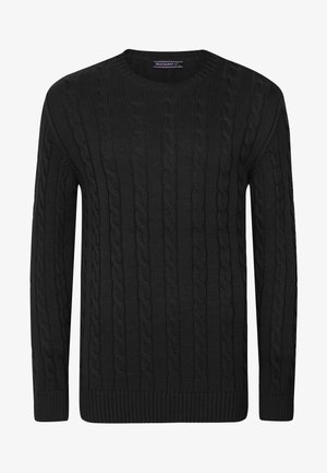 Schwarzer Kabelstrick-Pullover mit langen Ärmeln, Rundhalsausschnitt und gerippten Säumen. Das strukturierte Muster zeigt erhabene, verdrehte Seile.