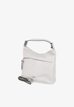 Weiße Lederhandtasche mit einem oberen Griff, vorderer Reißverschlusstasche und separatem abnehmbarem Schulterriemen mit goldfarbenen Beschlägen.