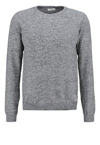 Szary wełniany sweter z okrągłym dekoltem, długimi rękawami i teksturowanym wykończeniem. Żebrowane mankiety i dół, zapewniające dopasowane fason.