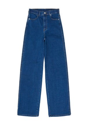 Jeans de mezclilla azul de pierna ancha con una cintura alta, que cuentan con un botón frontal, cierre de cremallera y costura doble a lo largo de las costuras para mayor durabilidad.