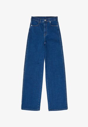 Blå denim bredbenede jeans med høj talje, der har en frontknap, lynlås lukning og dobbelt syninger langs sømmene for holdbarhed.