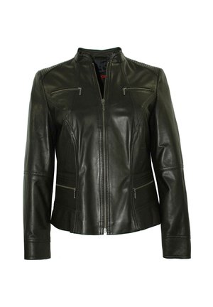 Black leather jacket featuring a zip closure, two front zippered pockets, and ribbed accents on shoulders. Tailored fit with long sleeves.