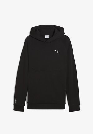 Zwarte hoodie gemaakt van een katoenmix. Heeft een kangoeroezak, een wit logo op de borst en ribgebreide boorden en onderkant.