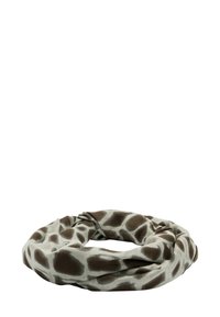 Nieskończony szalik o wzorze żyrafy, wykonany z miękkiej tkaniny, w brązowych i beżowych tonach, charakteryzujący się gładką fakturą i nieprzerwanym obwodem.