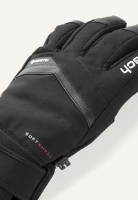 Black softshell gloves with a textured grip, Gore-Tex logo, and adjustable strap. Features reinforced stitching and padded fingers.