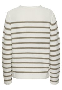 Raidallinen pitkähihaine villapaita, jossa on vaaleanbeigejä ja valkoisia vaakaraitoja, pyöreä kaula-aukko ja pehmeä teksturoitu neulos.