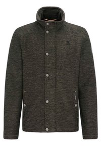 Giacca buttonata grigio scuro con texture, colletto alto, maniche lunghe e due tasche anteriori con snap-button, con logo sottile sul petto e sulla manica.