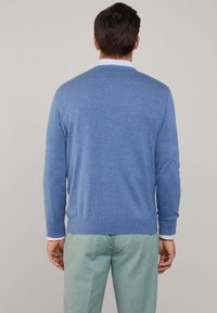 Maglione azzurro chiaro lavorato a maglia con scollatura a girocollo e polsini a coste, abbinato a pantaloni verde chiaro, visto da dietro.