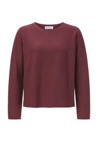Pull en tricot bourgogne à manches longues, avec un col rond et une coupe décontractée. La texture semble lisse et légèrement côtelée.