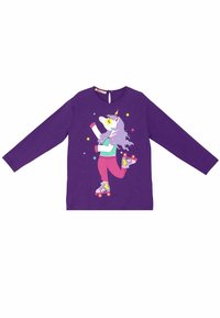 Paarse langemouwen shirt met een eenhoornafbeelding met een regenboogmanen, rolschaatsen en kleurrijke steraccenten. Zachte, gestructureerde stof.