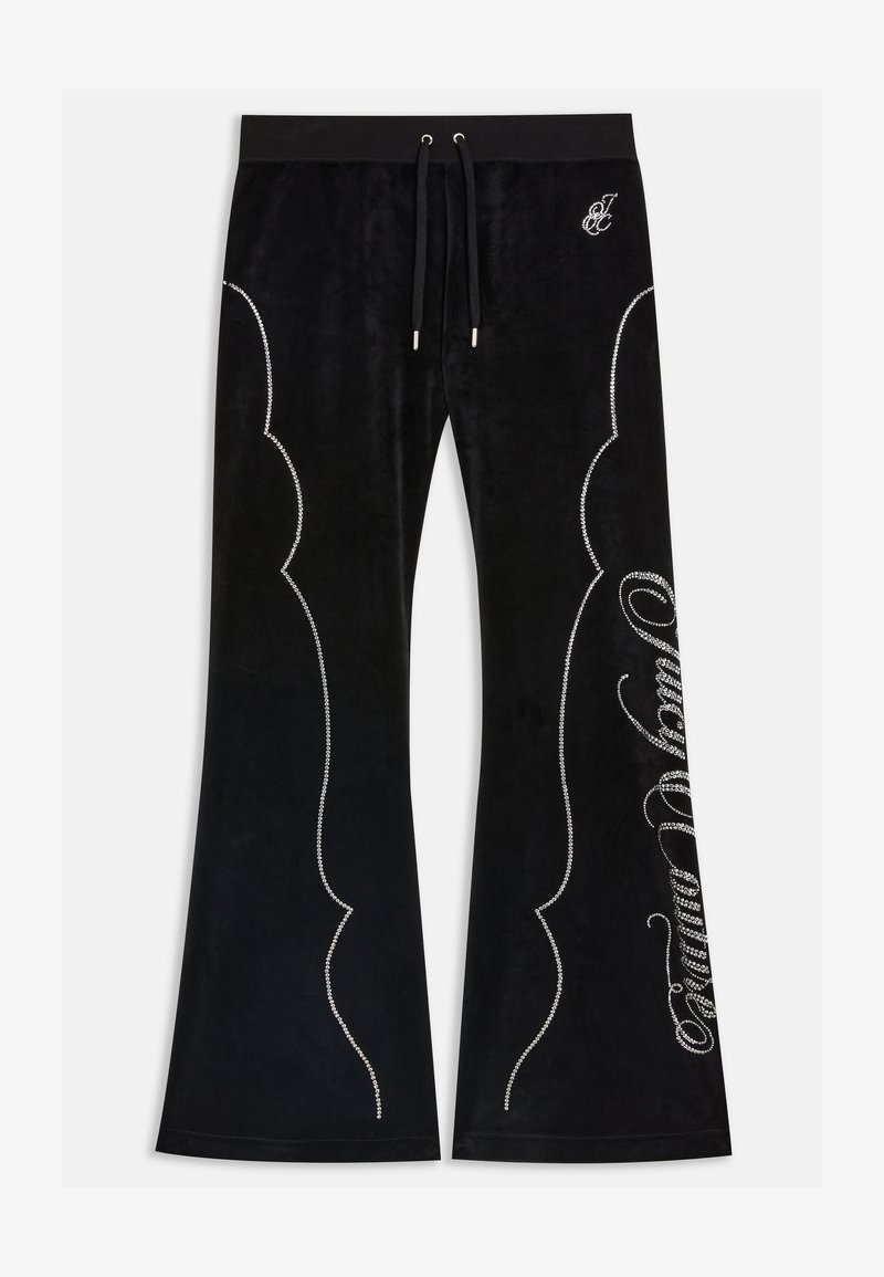 Black velvet flared pants featuring silver rhinestone accents, with a drawstring waistband and decorative curved stitching details.