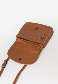 Braune Leder-Crossbody-Tasche mit Klappenverschluss, Ausstattung mit einem Reißverschlussfach und einem flachen Tragegurt. Glatte Textur mit minimalem Hardware.