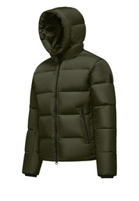 Giacca verde imbottita con cappuccio, dotata di chiusura con zip a tutta lunghezza e due tasche laterali. Texture liscia e motivo a quadri cuciti su tutta la superficie.