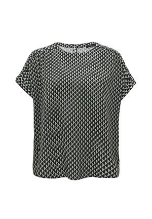 Korte mouwen top in zwart en crèmekleurig geometrisch patroon, met een ronde halslijn en een losse, relaxte pasvorm. Gladde stofstructuur.