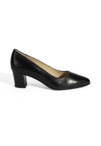 Zwarte leren pump met een puntige neus, lage blokhak, een gladde textuur en minimale stikdetails. Het zool biedt grip.
