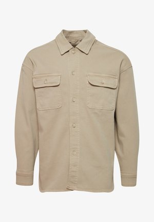 Beige nööpidega särk, mis on valmistatud puuvillasegust, millel on terav krae, kaks rinna taskut ja pikkade varrukatega nööpidega mansetid.